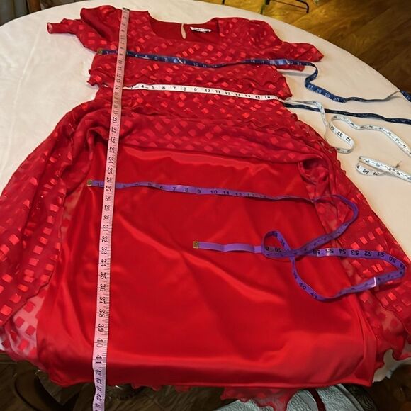 Ann Hobbs For Cattiva Dress Red Square Neck Short Sleeve Sheer Ruffle Midi Lined - Picture 11 of 11